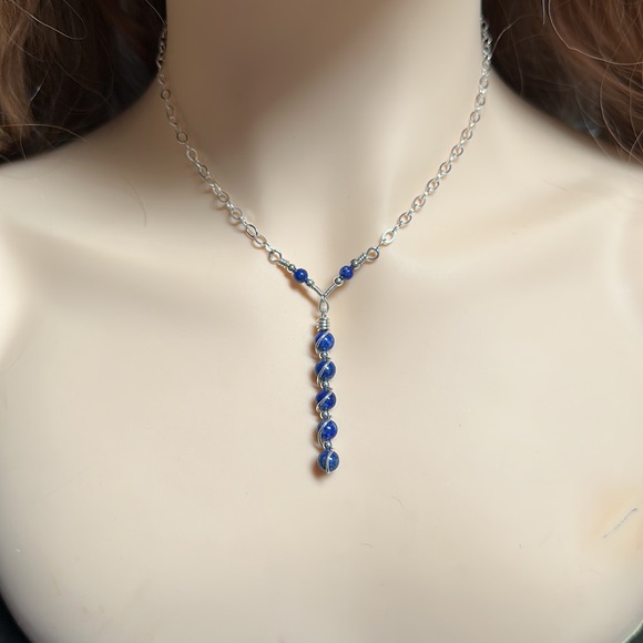 Lapis Lazuli Sterling Silver Necklace, Y Style Lapis Lazuli Sterling Necklace, - Picture 5 of 6